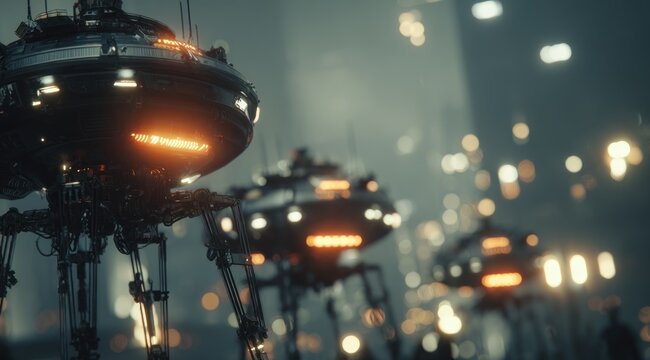 Futuristic robot drones in industrial environment with glowing lights