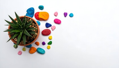 Succulent in pot with colorful painted pebbles, high angle, white background
