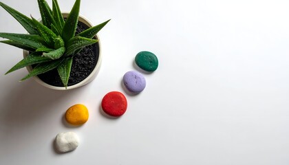 Potted aloe plant with colorful painted pebbles on white