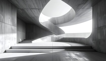 Modern concrete architecture with swirling staircase and bright natural light