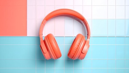 Coral headphones on blue & white tiled backdrop, minimalist & vibrant