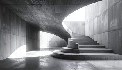 Concrete spiral staircase in a bright, modern architectural space