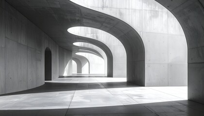 Gray tunnel with curved archways, bright light at end, concrete material