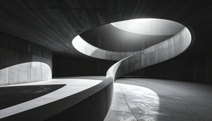 Concrete spiral staircase with sunlight flooding in