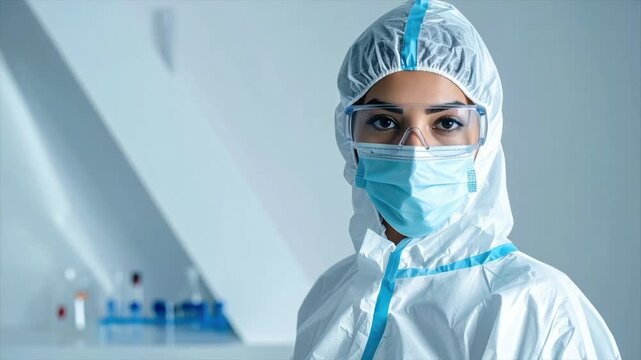 A lab worker in protective gear stares forward, a mask covering the lower face