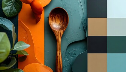 Wooden spoon rests on teal backdrop with fruit & leaves, color palette