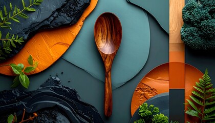 Wooden spoon lies among colorful layers of organic textures and vegetation