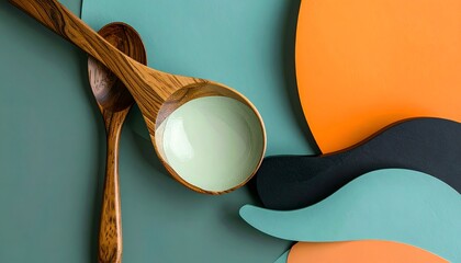 Two wooden spoons lay atop colorful paper cuts in orange, blue, teal and black