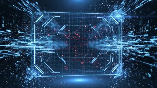 Futuristic Digital Interface: A striking, glowing digital interface dominates the view, its intricate lines and points of light symbolizing complex data flow and high-tech innovation. 