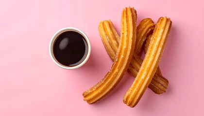 Churros & chocolate dip, sugar-dusted treat on bright pink backdrop, overhead view