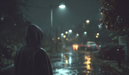 Person walking alone in the rain at night under streetlights