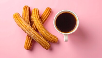 Churros & coffee fried dough pastries and dark drink on pink background
