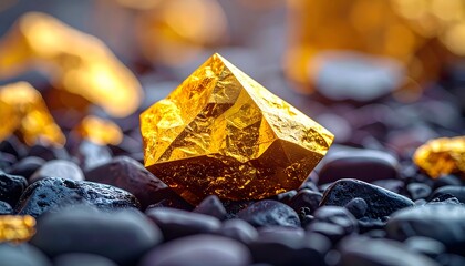 Gleaming gold nugget on black rocks, shallow focus