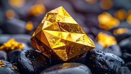 Geometric golden nugget on smooth black stones, out-of-focus highlights