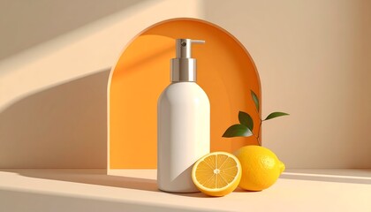 Product shot lotion bottle w/ lemons in front of archway, warm lighting
