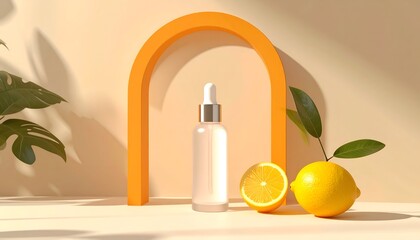 Dropper bottle, lemons, & archway; soft light and shadows on pastel surface