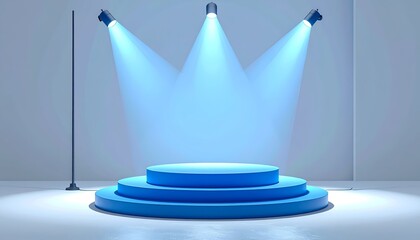 Round blue three-tiered stage under bright spotlights in a pale grey room