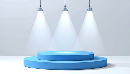 Blue round stage under three spotlights against white background