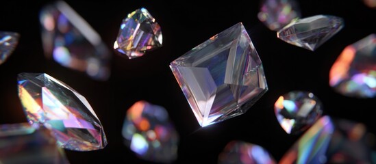 Floating sparkling crystals against a dark background abstract geometric shapes