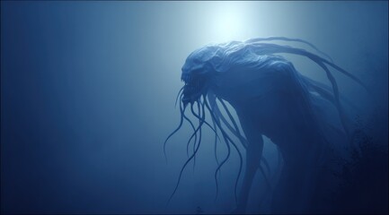 Mysterious underwater creature silhouette in a misty blue environment