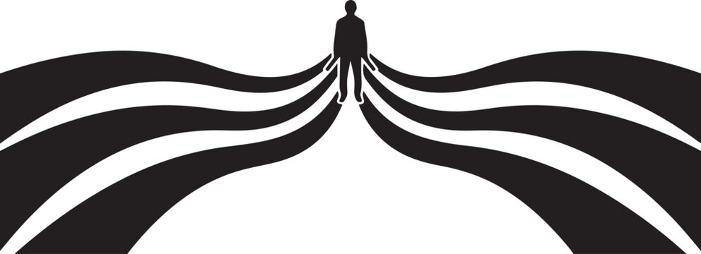 Man standing at crossroads with multiple path choices ahead