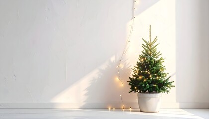 Small Christmas tree with lights in a pot, against a white wall