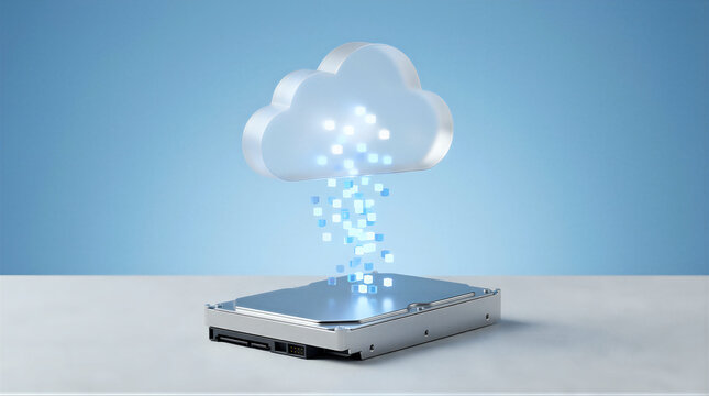 Digital data cubes falling from glowing cloud onto external hard drive. Cloud storage transfer visualization. Data backup and computing technology concept for business IT solutions
