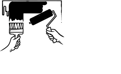 Obraz premium Hands holding paint brush and roller, applying black paint to wall