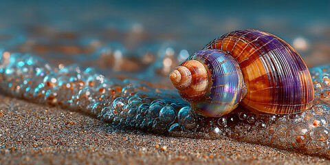  Snail resting on sand with water bubbles in the background, a glimpse of marine life