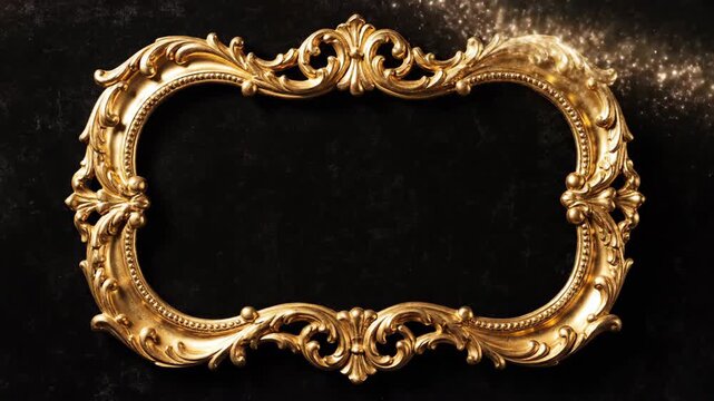 An ornate gold frame on a dark background with elegant decorations and sparkles from a close-up viewpoint