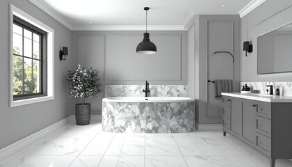 Elegant gray bathroom with marble tub, window, and tile floor, serene