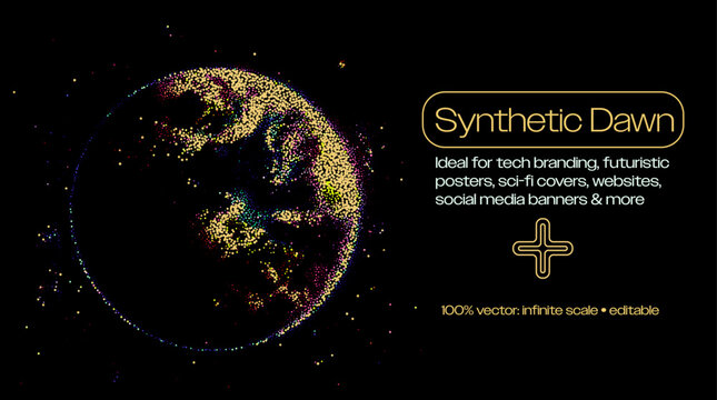 Multicolored particle point cloud forms glowing synthetic moon planet on dark space background, futuristic dotted style with rainbow glow. Conceptual vector illustration for AI emergence.