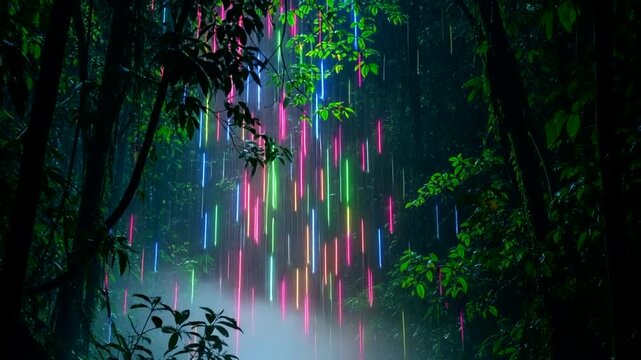 Rainbow Light Beams in Dark Forest.