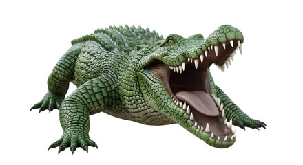 Naklejka premium Green alligator or crocodile with open mouth and sharp teeth, aggressive reptile, isolated on white