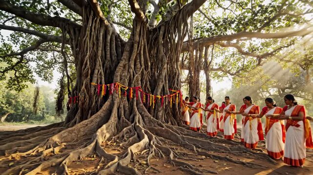 Devotees performing rituals around ancient banyan tree, paying homage during significant cultural ceremonies. Rituals include offerings and prayers, enhancing spiritual connections to traditions.