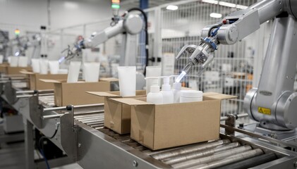 Medium shot showing robotic mechanisms handling personal care products carefully placing them into paperboard boxes with synchronized movements in a modern packaging facility.