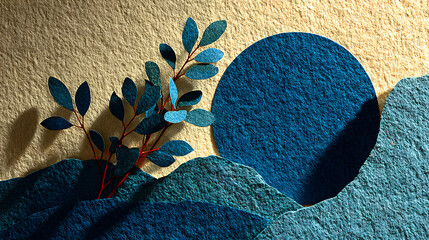  Detail of bluish leaves on colored paper, aesthetic combination and visual textures