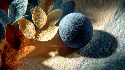 Leaves and circles in a blue and yellow palette, harmonious visual design on textured background