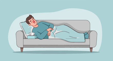 Ill man resting on sofa with tissues