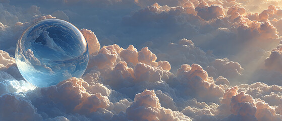 Reflection of Earth in a crystal ball, soft white clouds contrasting with the blue sky