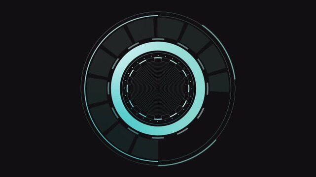 Animated blue hud radar interface target data, analysing data, rotating circles, moving graphs, sliders digital display 4k seamless loop 