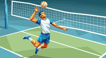 Fototapeta premium A stylized illustration of a volleyball player in mid-air spiking a ball. Use for sports blogs, athletic websites, fitness promotions, team spirit graphics, or sports equipment advertising.