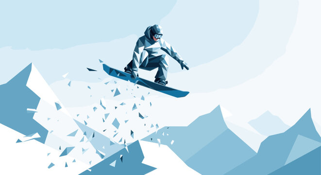 Low poly illustration of a snowboarder jumping with snowy mountains. Great for sports articles, winter promotions, or outdoor adventure campaigns.