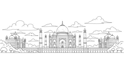 Elegant linear drawing of the taj mahal with scenic cloudy sky in detailed outline style