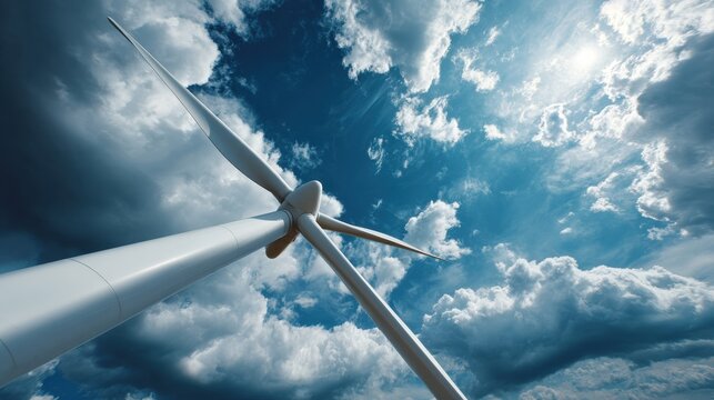 Wind turbine blade tip dramatic cloudscape, lowangle closeup showing white blade and rotor against turbulent cumulus, sunlight piercing through clouds, sense of scale and engineering detail, implied