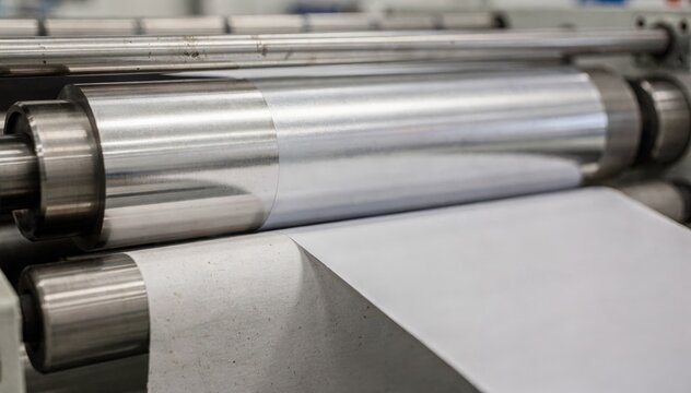 Closeup medium shot highlighting the duplex lamination process where aluminum foil is combined with paper emphasizing texture and film alignment in a controlled factory