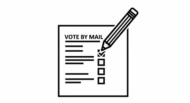 Icon of a ballot with "VOTE BY MAIL" text and a pencil marking a choice