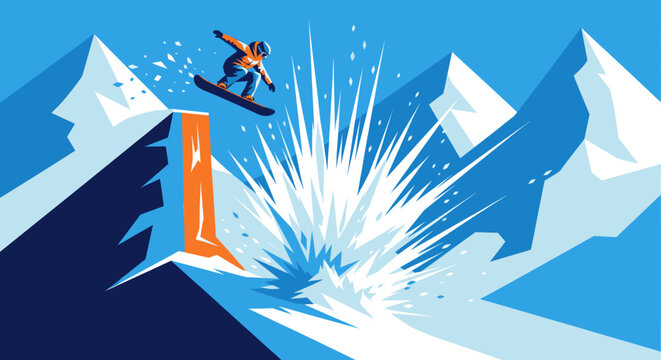 Vector illustration of a snowboarder jumping off a cliff, powder explosion, and mountain background.  Ideal for winter sports, action, extreme sports, and adventure marketing.
