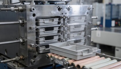 Injection molding process producing plastic desk organizers with visible multicavity molds cooling showcasing the precision and efficiency of drawerstyle storage components.