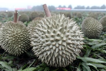 Durian orchard with multiple durian fruits wide angle landscape tropical countryside atmosphere natural sunlight professional photography look, Realistic Photo